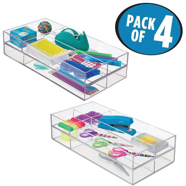 Storage organizer mdesign plastic divided drawer organizer for home office desk drawer shelf closet holds highlighters pens scissors adhesive tape paper clips note pads 4 sections 16 long 4 pack clear