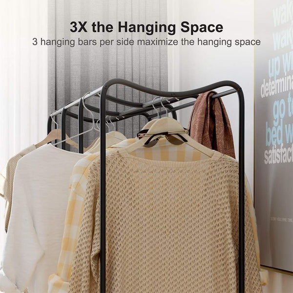 Discover langria large free standing closet garment rack made of sturdy iron with spacious storage space 8 shelves clothes hanging rods heavy duty clothes organizer for bedroom entryway black