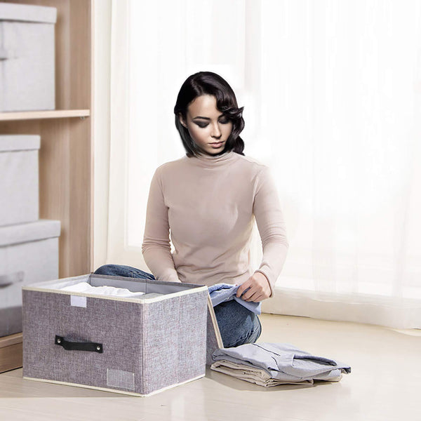 Best seller  janes home 4 pack storage bins boxes linen collapsible cube set organizer basket with lid handle foldable fabric containers for clothes toys closet office nursery grey and orange