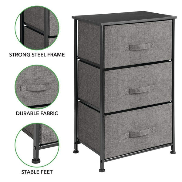 Explore mdesign vertical dresser storage tower sturdy steel frame wood top easy pull fabric bins organizer unit for bedroom hallway entryway closets textured print 3 drawers charcoal gray black
