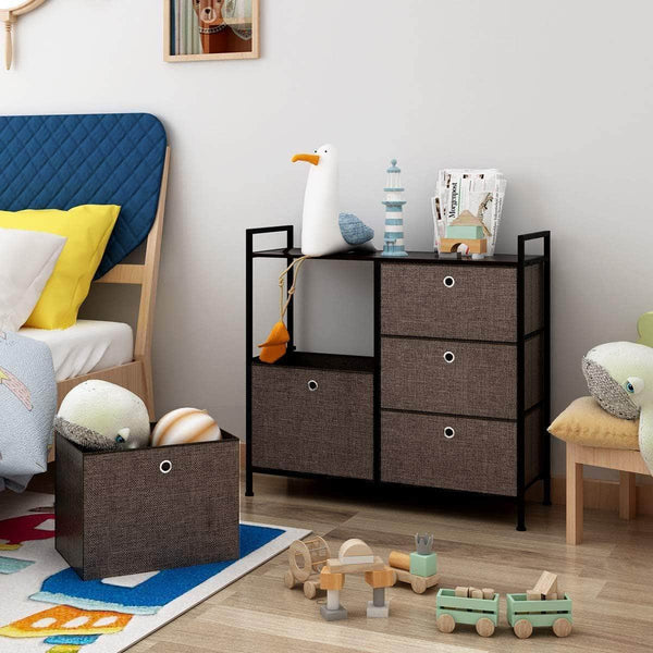 Order now langria faux linen wide dresser storage tower with 5 easy pull drawer and handles sturdy metal frame and wooden table organizer unit for guest dorm room closet hallway office area dark brown