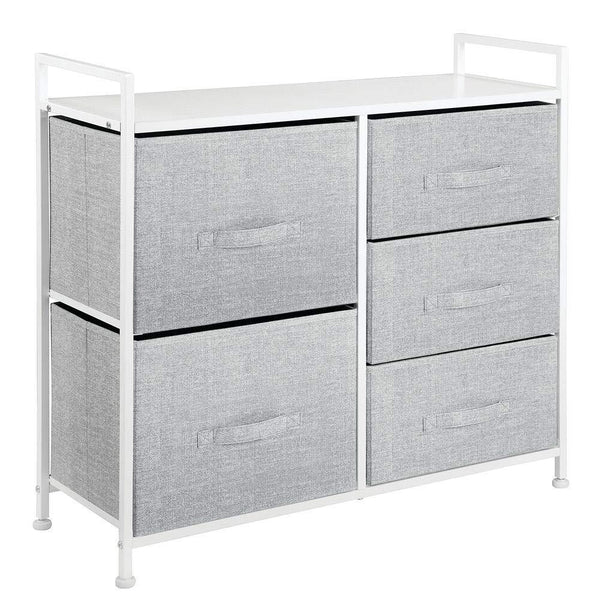 Budget friendly mdesign wide dresser storage tower sturdy steel frame wood top easy pull fabric bins organizer unit for bedroom hallway entryway closets textured print 5 drawers gray white
