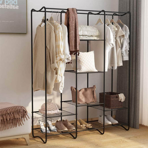 Discover the langria large free standing closet garment rack made of sturdy iron with spacious storage space 8 shelves clothes hanging rods heavy duty clothes organizer for bedroom entryway black