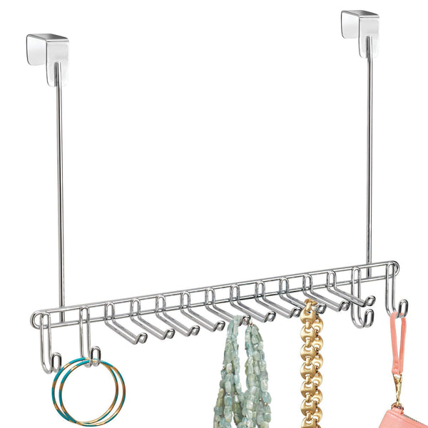Related mdesign metal over door hanging closet storage organizer rack for mens and womens ties belts slim scarves accessories jewelry 4 hooks and 10 vertical arms on each 2 pack chrome