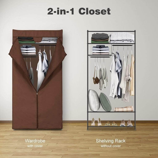 Home langria heavy duty zip up closet shoe organizer with detachable brown cloth cover wardrobe metal storage clothes rack armoire with 4 shelves and 2 hanging rods max load 463 lbs