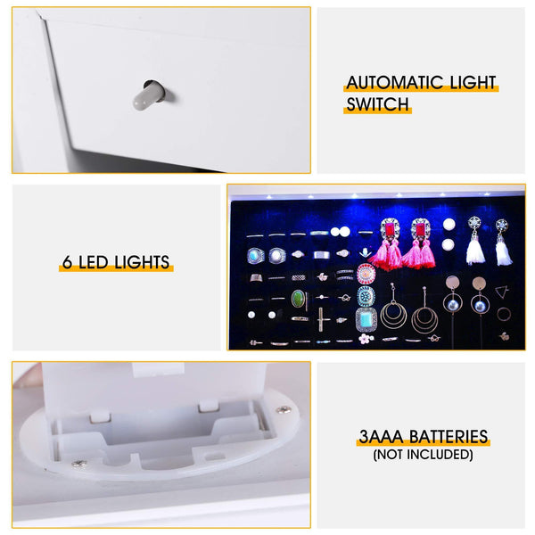 Home cloud mountain jewelry cabinet 6 leds jewelry armoire lockable wall door mounted jewelry cabinet organizer with mirror 2 drawers bedroom living room cloakroom closet white