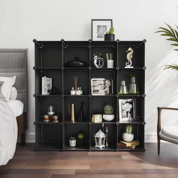 Shop for songmics cube storage organizer 16 cube book shelf diy plastic closet cabinet modular bookcase storage shelving for bedroom living room office 48 4 l x 12 2 w x 48 4 h inches black ulpc44bk