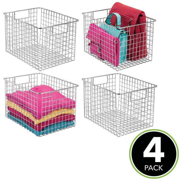 Storage organizer mdesign large farmhouse decorative metal wire storage basket bin with handles for organizing closets shelves and cabinets in bedrooms bathrooms entryways and hallways 8 high 4 pack chrome