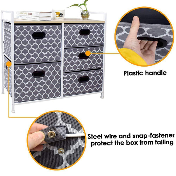 Best seller  wide dresser storage tower 5 drawer chest sturdy steel frame wood top easy pull fabric bins organizer unit for bedroom playroom entryway closets lantern printing gray white
