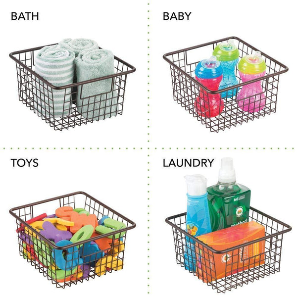 Storage mdesign farmhouse decor metal wire food storage organizer bin basket with handles for kitchen cabinets pantry bathroom laundry room closets garage 10 25 x 9 25 x 5 25 4 pack bronze