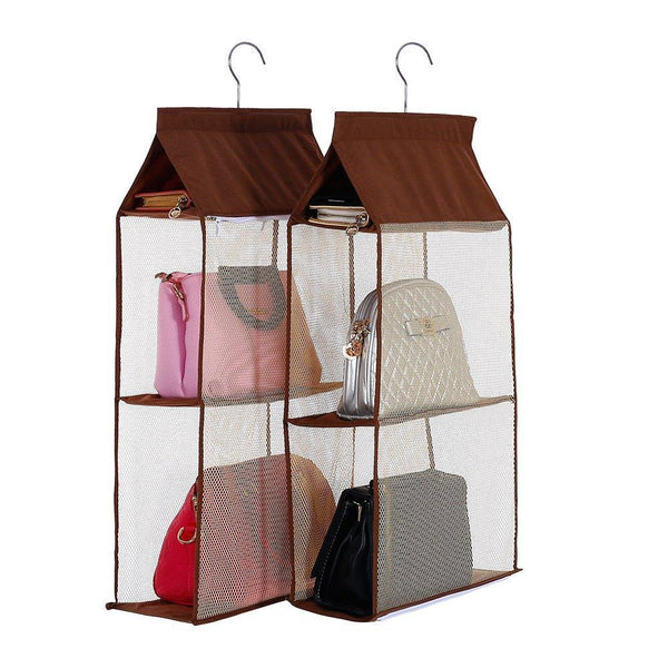 Latest detachable 6 compartment organizer pouch hanging handbag organizer clear purse bag collection storage holder wardrobe closet space saving organizers system for living room bedroom home use pink