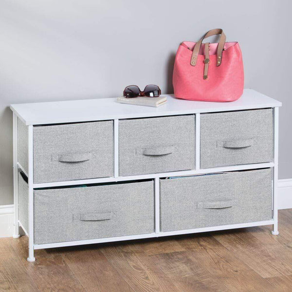 Discover mdesign extra wide dresser storage tower sturdy steel frame wood top easy pull fabric bins organizer unit for bedroom hallway entryway closets textured print 5 drawers gray white
