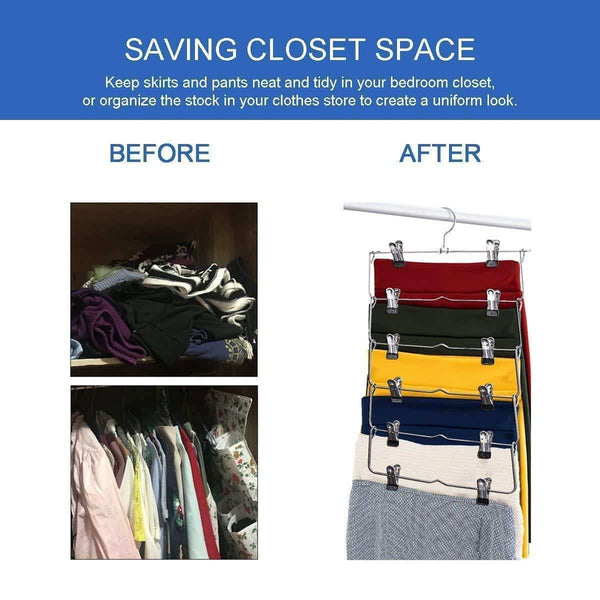 Latest 6 tier skirt hangers star fly space saving pants hangers sturdy multi purpose stainless steel pants jeans slack skirt hangers with clips non slip closet storage organizer 3pcs