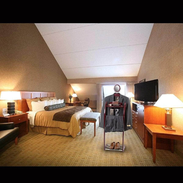 Discover closetmate executive clothes valet stand beautiful solid hardwood valet clothing hanging system with mirror rack for shoes tray for cell phone and keys great gift