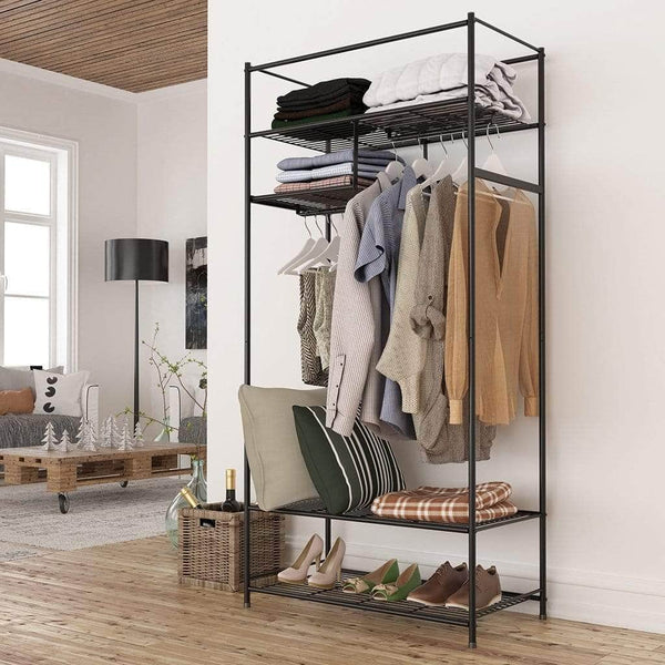 Latest langria heavy duty zip up closet shoe organizer with detachable brown cloth cover wardrobe metal storage clothes rack armoire with 4 shelves and 2 hanging rods max load 463 lbs