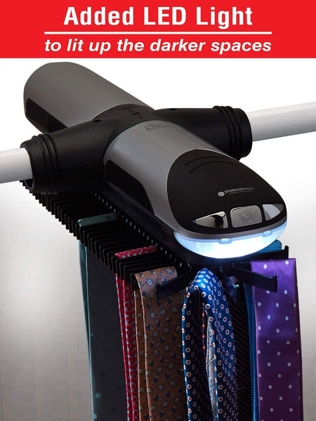 Amazon best storagemaid motorized tie rack organizer for closet with led lights battery operated holds 72 ties and 8 belts includes j hooks for wire shelving bonus tie travel pouch tie clip