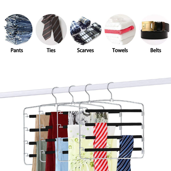 Products homeideas pack of 4 non slip pants hangers stainless steel slack hangers space saving clothes hangers closet organizer with foam padded swing arm multi layers rotatable hook
