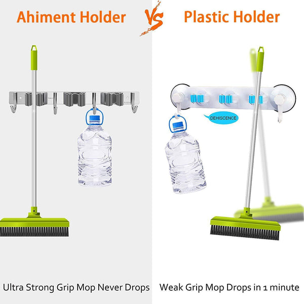 Organize with ahiment broom mop holder wall mount stainless steel garden tool organizer with 2 racks 3 hooks for kitchen bathroom garage and closet grey