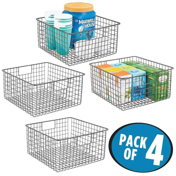Budget mdesign farmhouse decor metal wire food storage organizer bin basket with handles for kitchen cabinets pantry bathroom laundry room closets garage 12 x 12 x 6 4 pack graphite gray