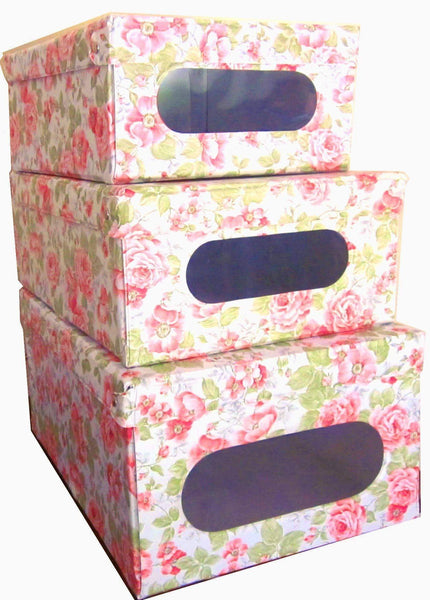 Get protect store organize and keep dust out with our sturdy italian stackable closet storage boxes with hinged lid and window vinyl covered in and out for ez cleaning english rose design set of 3