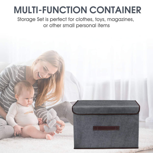 Get foldable storage boxes with lids 2 set of linen fabric cubes with handles for shelf closet book kid toy nursery organize grey
