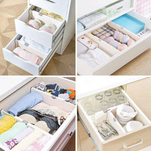 Discover the best diommell 4 pack adjustable dresser drawer dividers organizers plastic expandable drawer organization separators for kitchen bedroom closet bathroom and office drawers white
