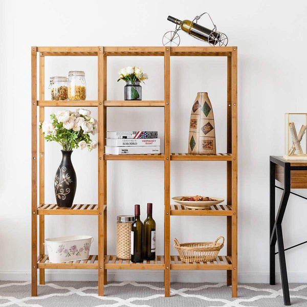 Best seller  costway multifunctional bamboo shelf bathroom rack storage organizer rack plant display stand w several cell closet storage cabinet 5 tier