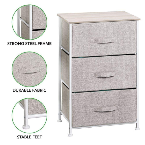 Storage organizer mdesign vertical dresser storage tower sturdy steel frame wood top easy pull fabric bins organizer unit for bedroom hallway entryway closets textured print 3 drawers linen natural
