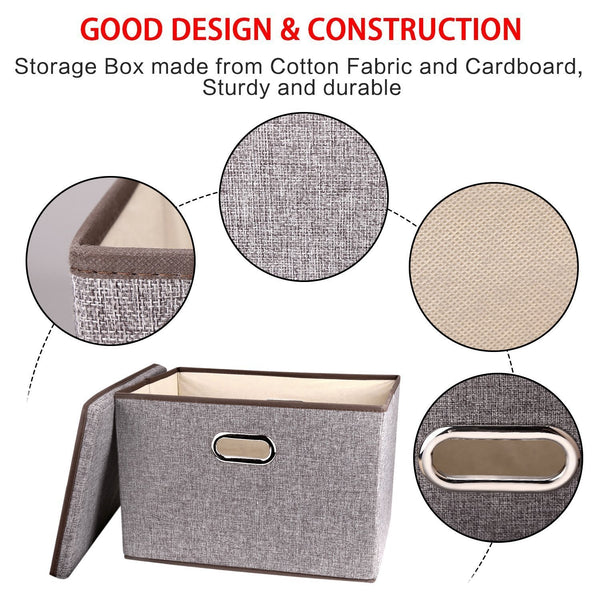 Home large linen fabric foldable storage container 2 pack with removable lid and handles storage bin box cubes organizer gray for home office nursery closet bedroom living room