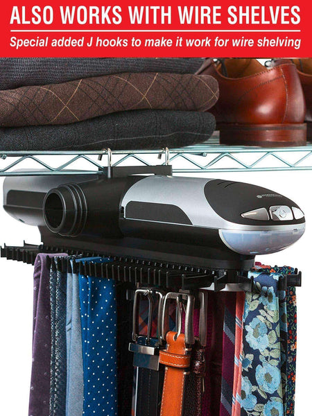 Budget storagemaid motorized tie rack organizer for closet with led lights battery operated holds 72 ties and 8 belts includes j hooks for wire shelving bonus tie travel pouch tie clip