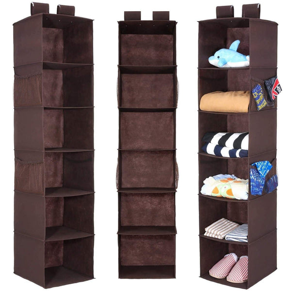 Discover the best magicfly hanging closet organizer with 4 side pockets 6 shelf collapsible closet hanging shelf for sweater handbag storage easy mount hanging clothes storage box brown