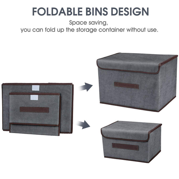 Home foldable storage boxes with lids 2 set of linen fabric cubes with handles for shelf closet book kid toy nursery organize grey