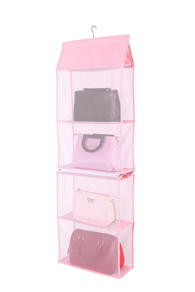 On amazon detachable 6 compartment organizer pouch hanging handbag organizer clear purse bag collection storage holder wardrobe closet space saving organizers system for living room bedroom home use pink