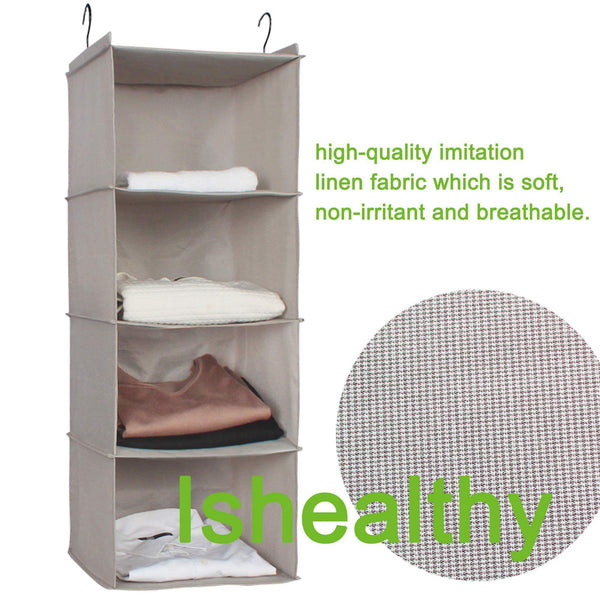 Try ishealthy hanging closet organizer 4 shelf cloth hanging shelf houndstooth imitation linen fabric easy mount collapsible foldable hanging closet shelves storage organizer with 2 hooks gray