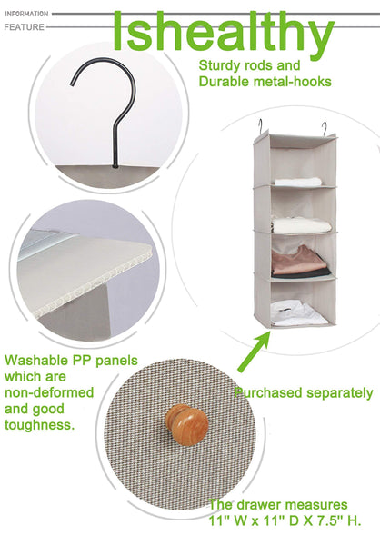 Amazon best ishealthy hanging closet organizer 4 shelf cloth hanging shelf houndstooth imitation linen fabric easy mount collapsible foldable hanging closet shelves storage organizer with 2 hooks gray