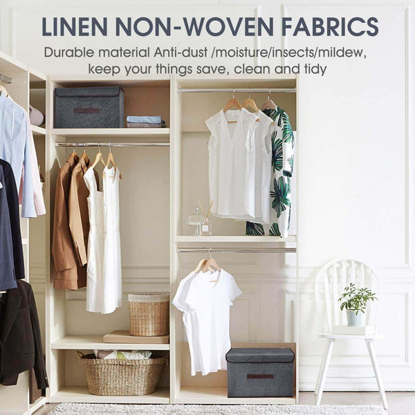 Great foldable storage boxes with lids 2 set of linen fabric cubes with handles for shelf closet book kid toy nursery organize grey