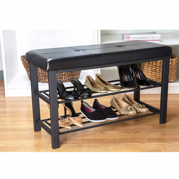 Online shopping simplify f 0680 black storage bench shoe rack ottoman tufted padded seating for entryway bedroom closet hallway black