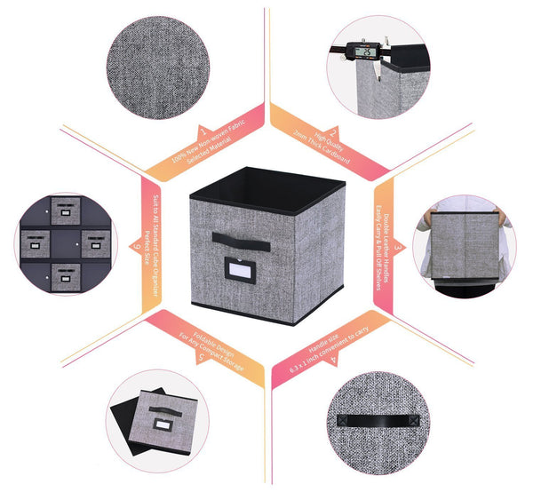 Storage organizer onlyeasy foldable cloth storage bins cubes box set of 6 home closet cubby bookcase nursery drawers organizers with label holders and dual leather handles 12x12x12 inch linen like black 7mxab06plp