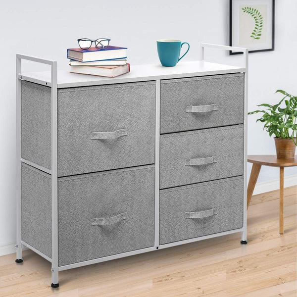 Best seller  kingso fabric 5 drawer dresser storage tower organizer unit with sturdy steel frame and easy pull faux linen drawers for bedroom living room guest room dorm closet grey