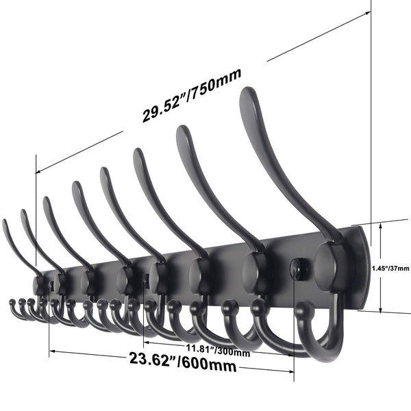 Organize with webi coat rack wall mounted 30 inch 8 tri hooks 24 hooks decorative coat hat hook rack heavy duty triple hook rail wall hanging hooks for bathroom kitchen office entryway closet black 2 packs