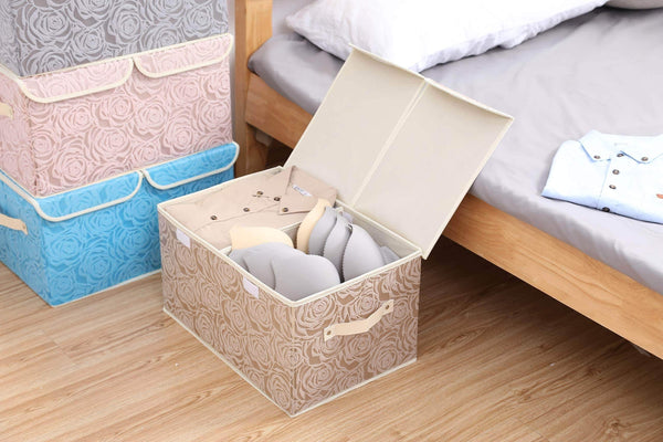 Budget friendly 2 pack drawer organization large linen 2 sections washable storage with lids and handles foldable closet organizer for nursery closet clothes toy home office bedroom grey khaki18 x 9 8
