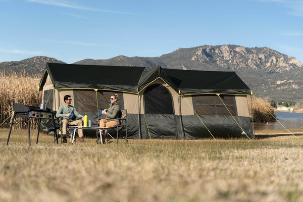 Storage spacious and comfortable ozark trail hazel creek 12 person cabin tent with two closets with hanging organizers room dividers mud mat e port and rolling storage duffel for convenience green
