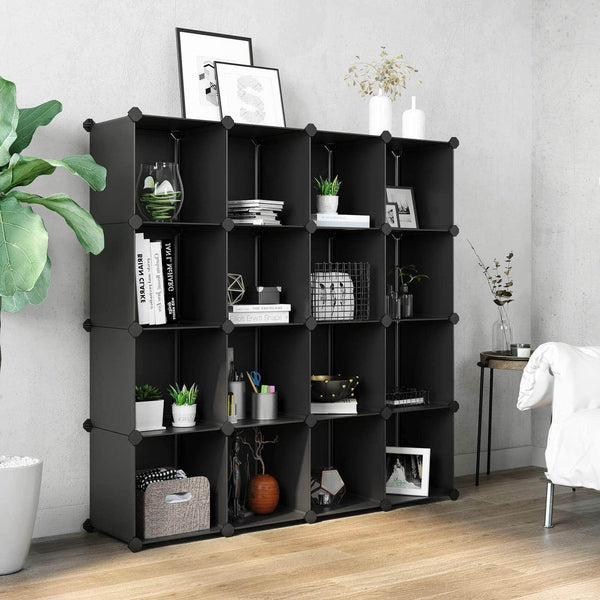 Shop songmics cube storage organizer 16 cube book shelf diy plastic closet cabinet modular bookcase storage shelving for bedroom living room office 48 4 l x 12 2 w x 48 4 h inches black ulpc44bk