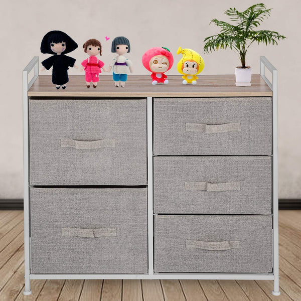 Best seller  happybuy 5 drawer storage organizer unit with fabric bins bedroom play room entryway hallway closets steel frame mdf top dresser storage tower fabric cube dresser chest cabinet beige tall