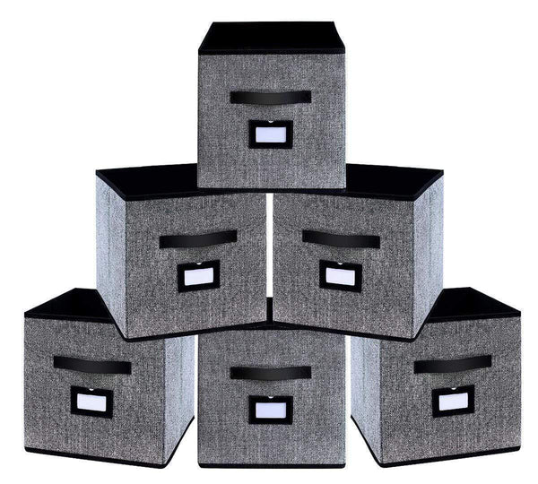 Storage onlyeasy foldable cloth storage bins cubes box set of 6 home closet cubby bookcase nursery drawers organizers with label holders and dual leather handles 12x12x12 inch linen like black 7mxab06plp