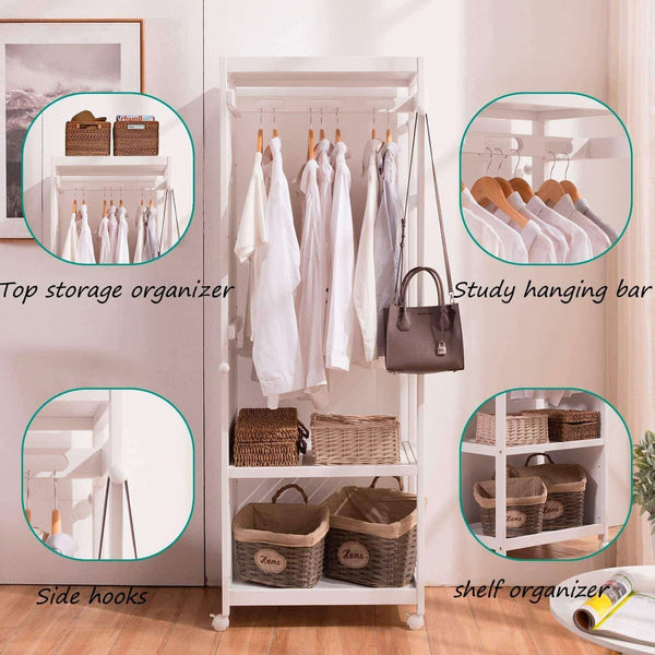 Kitchen free standing armoire wardrobe closet with full length mirror 67 tall wooden closet storage wardrobe with brake wheels hanger rod coat hooks entryway storage shelves organizer ivory white