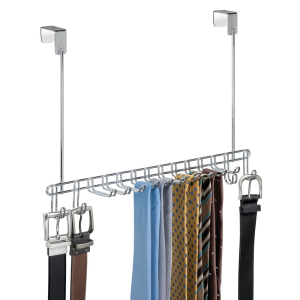 Products mdesign metal over door hanging closet storage organizer rack for mens and womens ties belts slim scarves accessories jewelry 4 hooks and 10 vertical arms on each 2 pack chrome