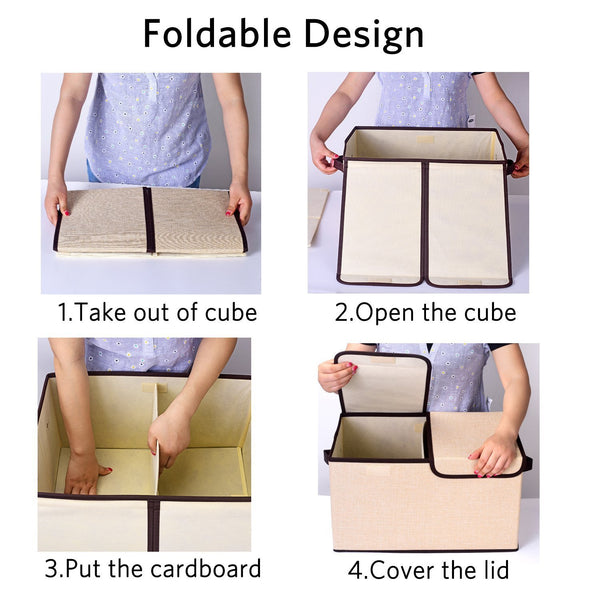 Save on larger storage cubes 4 pack senbowe linen fabric foldable collapsible storage cube bin organizer basket with lid handles removable divider for home office nursery closet 17 7 x 11 8 x 9 8