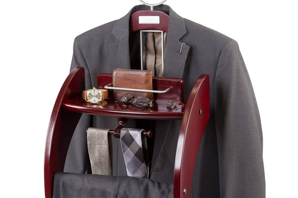 Discover the closetmate executive clothes valet stand beautiful solid hardwood valet clothing hanging system with mirror rack for shoes tray for cell phone and keys great gift