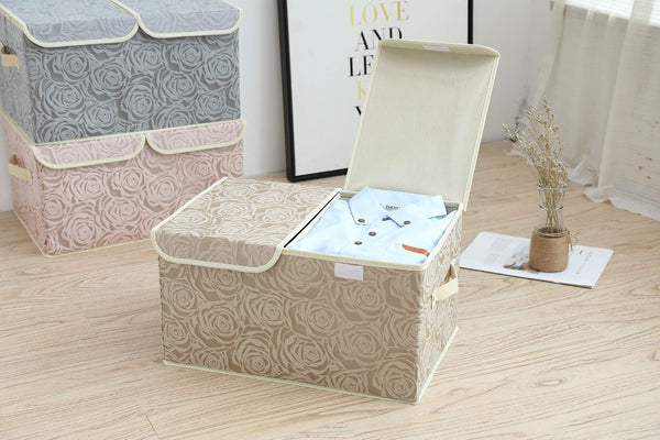 Budget 2 pack drawer organization large linen 2 sections washable storage with lids and handles foldable closet organizer for nursery closet clothes toy home office bedroom grey khaki18 x 9 8